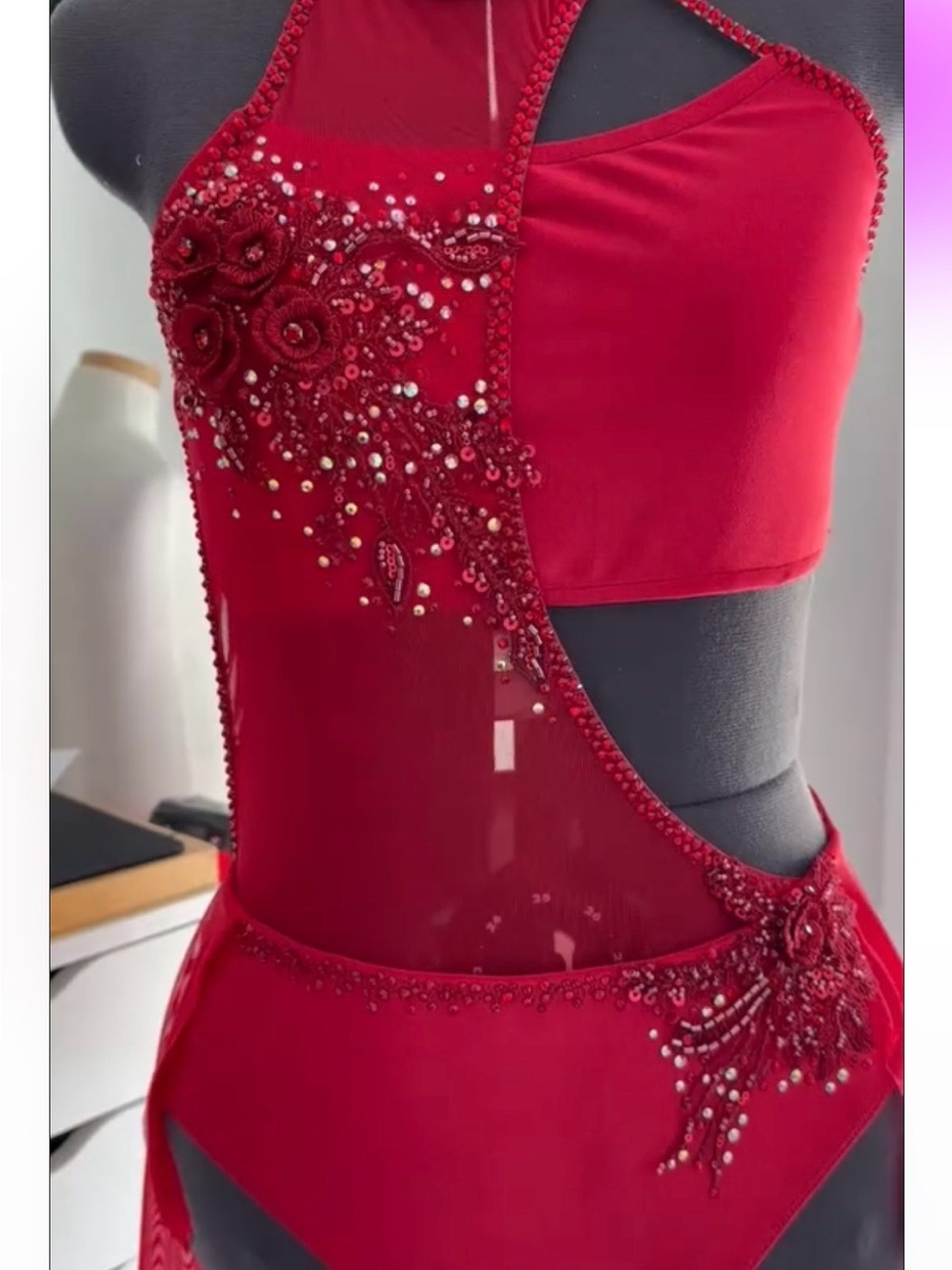 Red Embellished Halter fully custom Dance costume